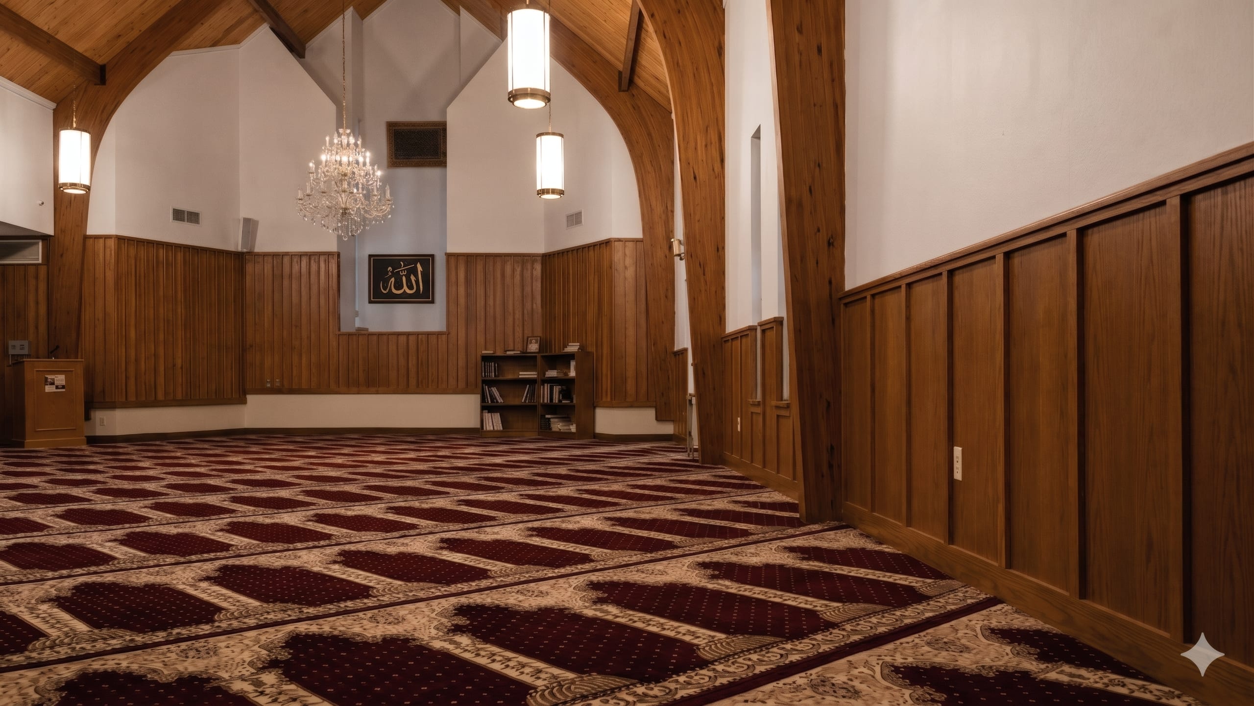 Wooden arches and chandelier inside the Islamic Center of Southlake prayer hall