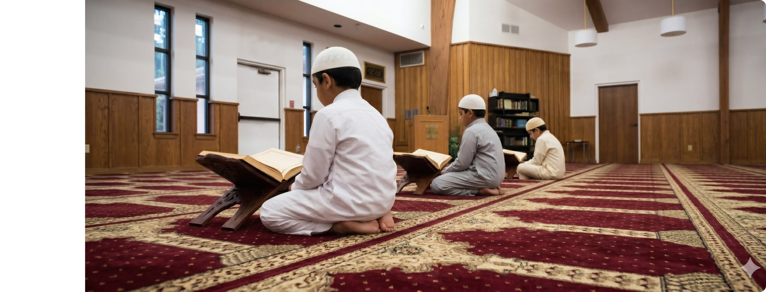 Children in white reading the Qur’an from wooden stands in the ICS prayer hall