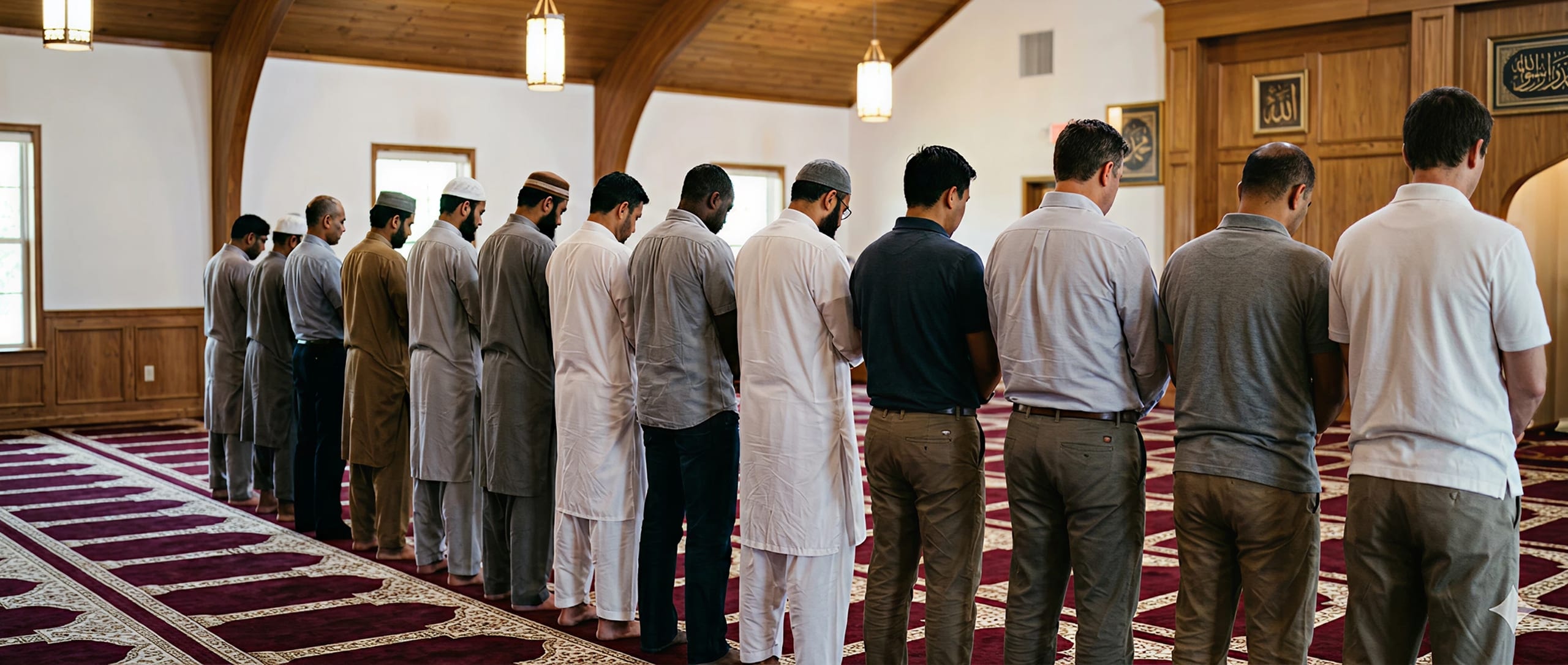 Worshippers standing shoulder to shoulder in prayer at the Islamic Center of Southlake